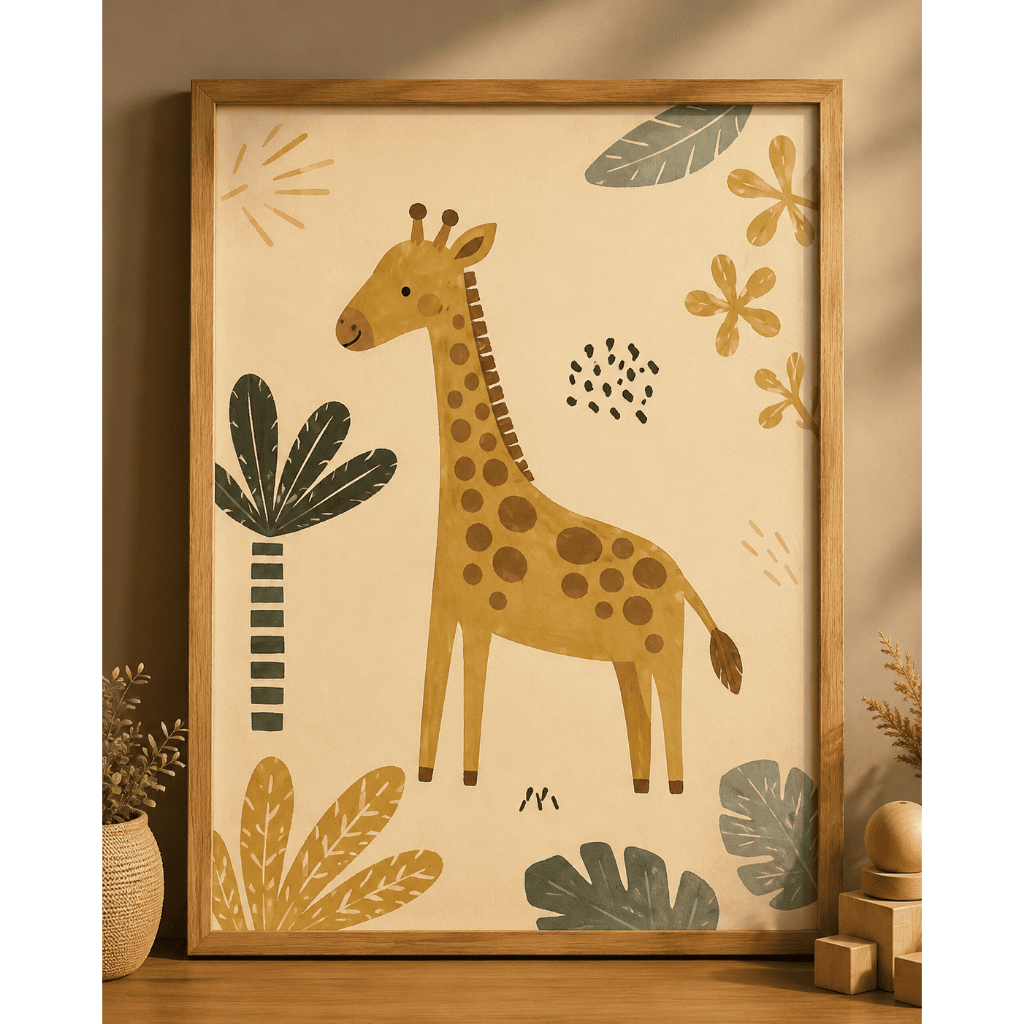 Quadro Decorativo Minimalista Girafa Safari Moldura Amadeirada Sala Quarto Infantil Decoração Modern