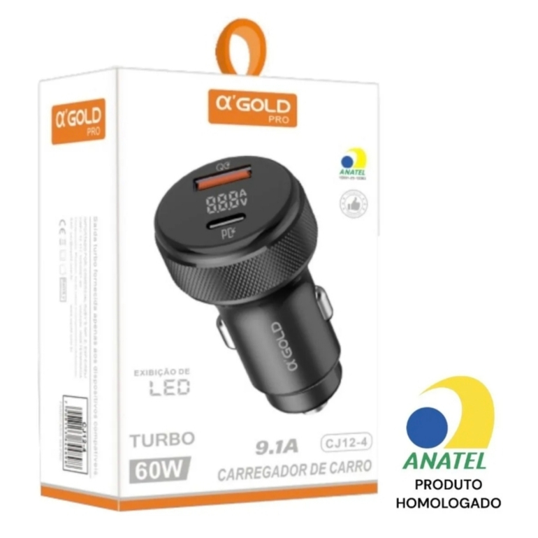 Carregador Veicular Turbo A'GOLD Dual Port 60w Agold Tipo-c Usb CJ12-4