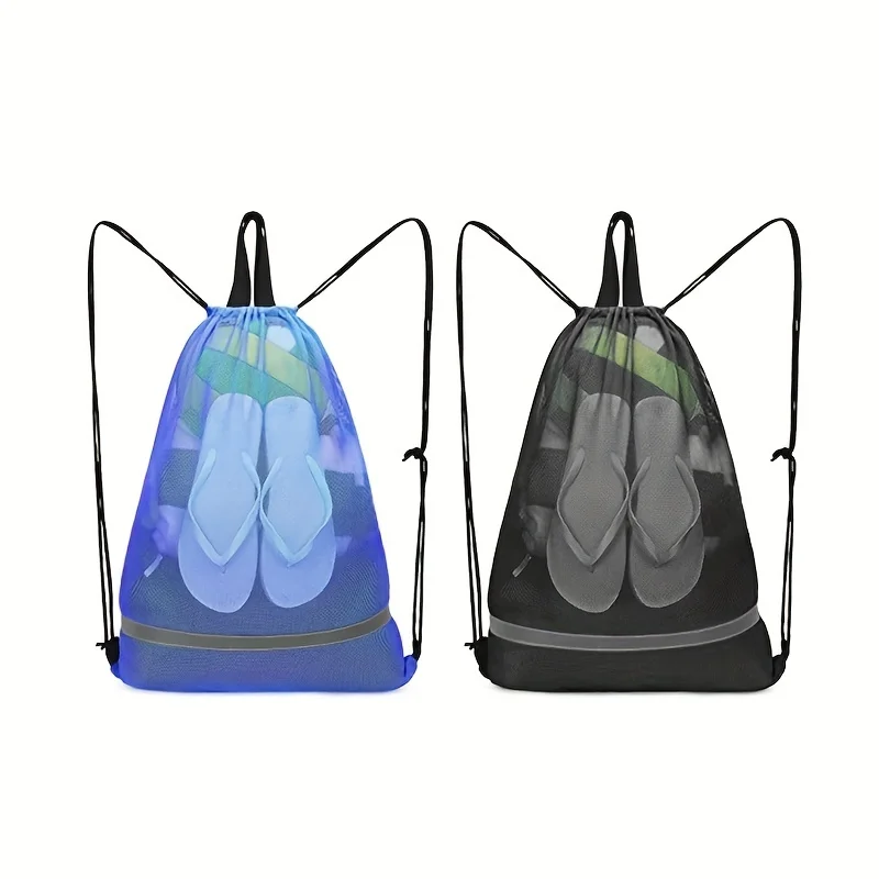 Lightweight Mesh Drawstring Beach Backpack Blue & Black Sports Travel Bag with Heavy Capacity