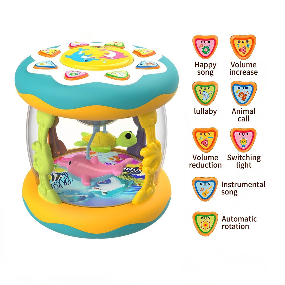 Baby Ocean Hand Drum, Rotating Sea Animal Scene, Light & Sound, Multi Button Toy For Infant Sensory Growth