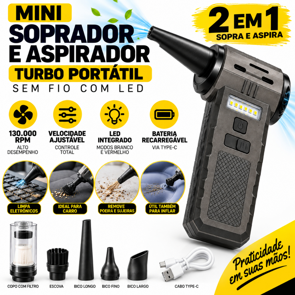 Mini Soprador Aspirador Turbo 130.000 RPM Brushless Sem Fio LED Recarregável USB-C 2 em 1