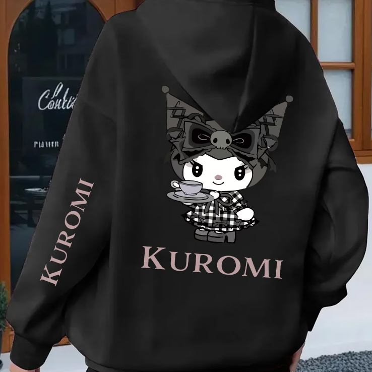 Moletom Canguru Bolso e Capuz Blusa de Frio Kuromi Hello Kitty Evil Rebelde Cute Teen Kids Cartoon