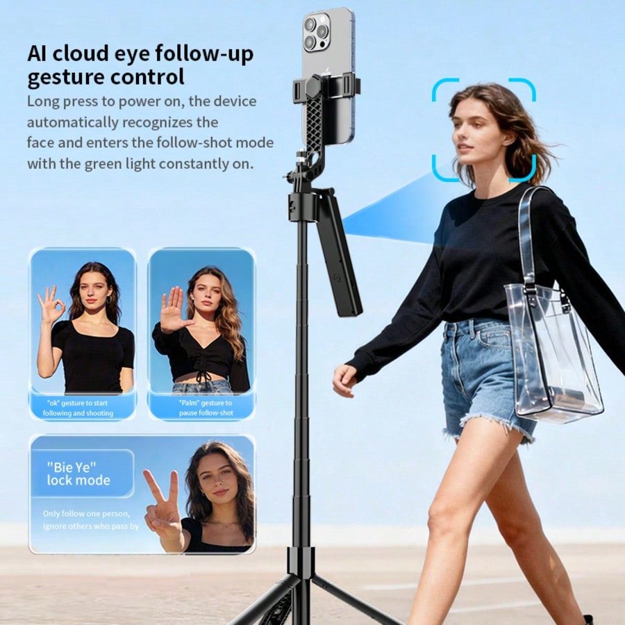 2 em 1 AI Automatic Face Acompanhamento Celular Gimbal Selfie Stick Retrátil Bluetooth Controle Remoto 360° Girando Anti