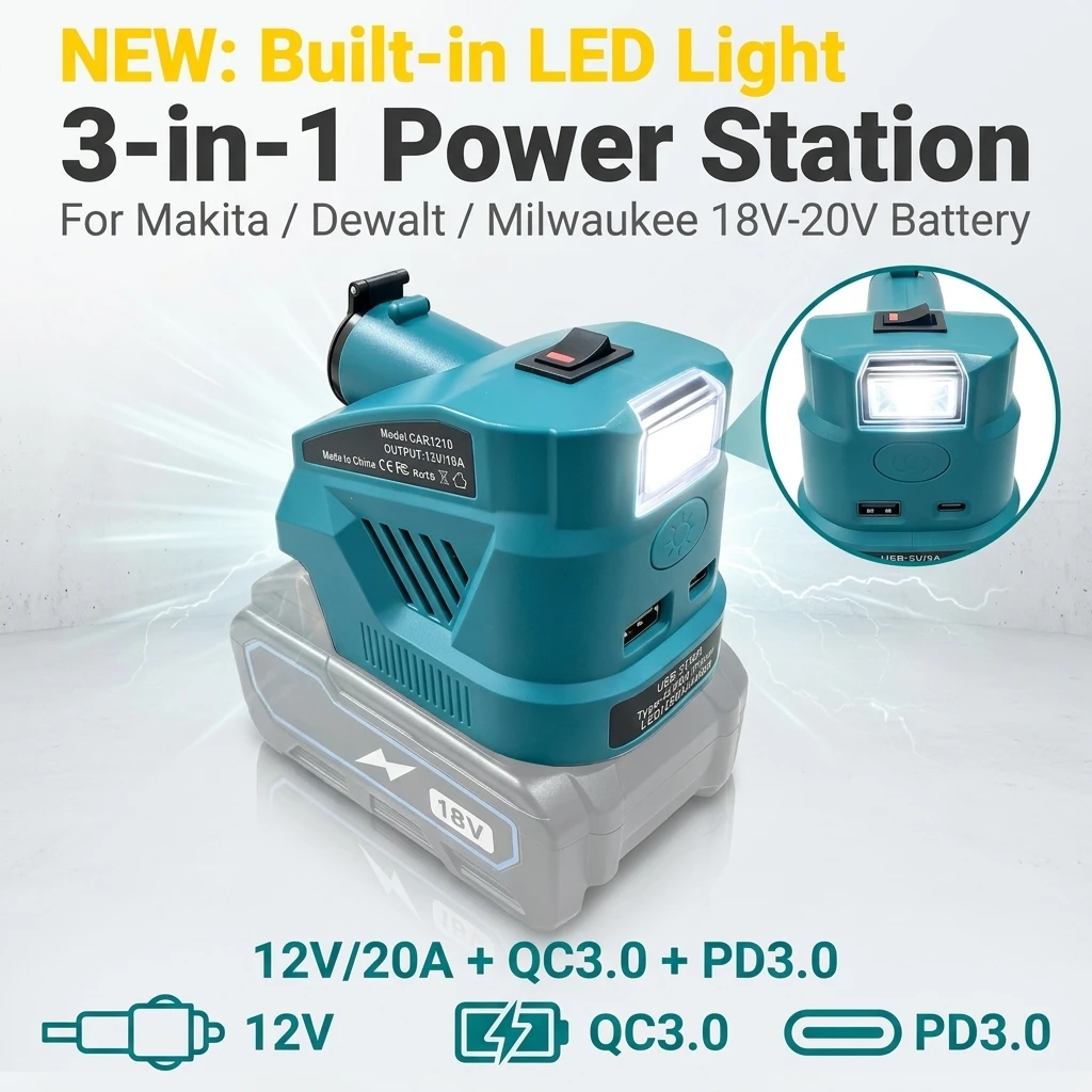 12V/20A Car Cigarette Lighter Adapter for Makita Dewalt Milwaukee 18V-20V Battery, QC3.0 PD3.0 27W Fast Charger with LED Light