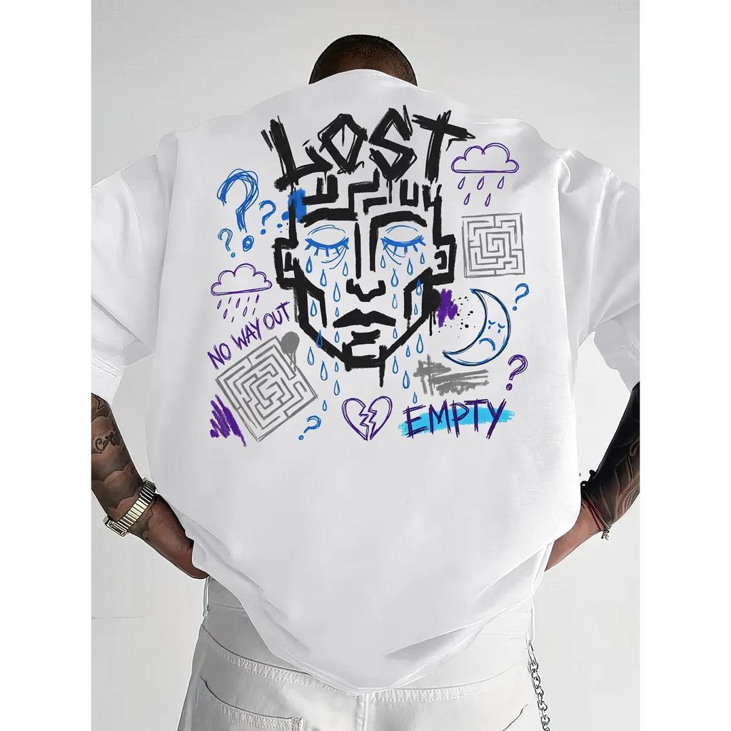 Camiseta Masculina Streetwear Algodão Penteado Infantil Adulto Plus Size Estampa Lost Rosto Perdido Empty Lagrimas Swag