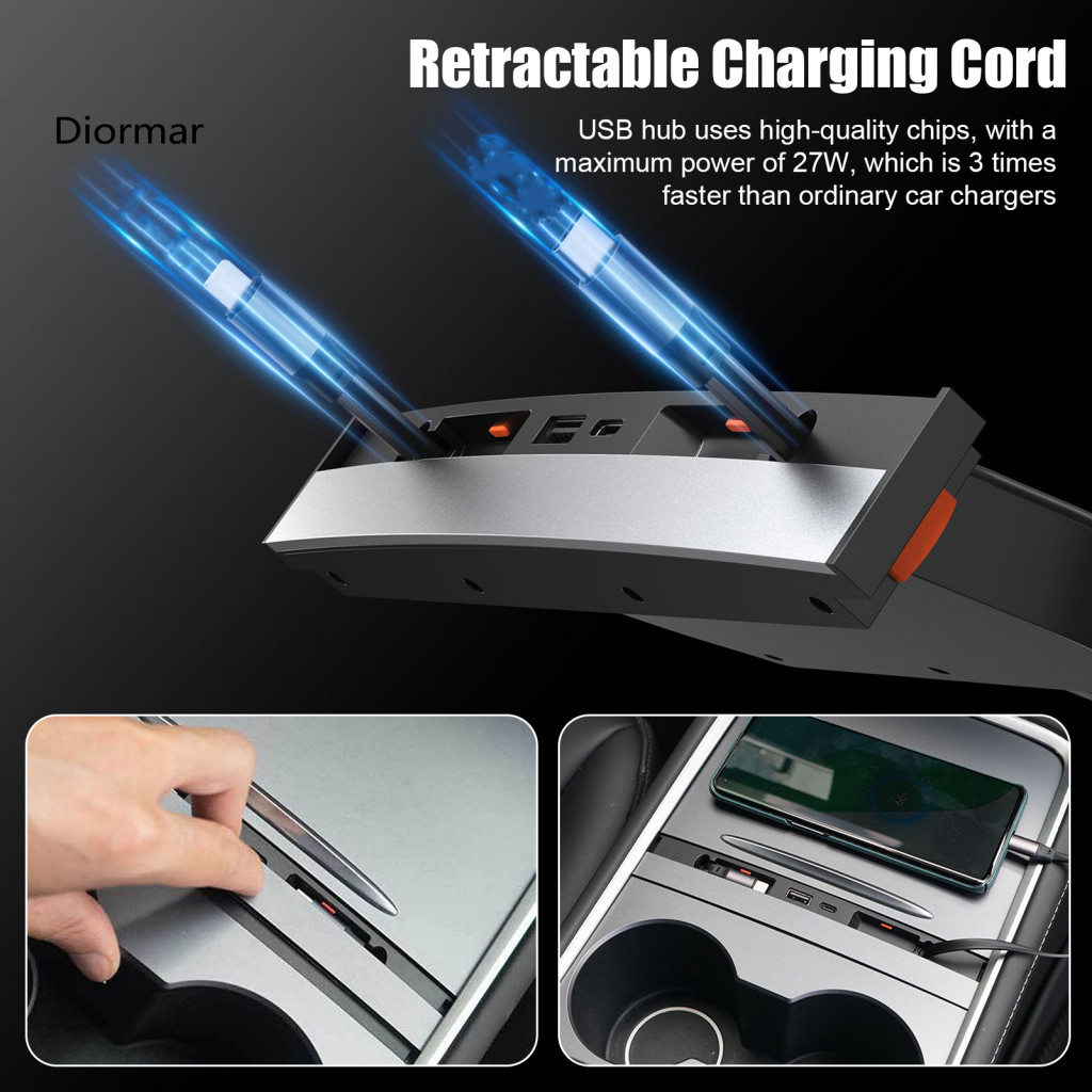 Waterproof Charger Car Docking Station for Tesla Model 3/y with 4 Fast Charging Usb Ports 27w Retractable Cable Hub –
