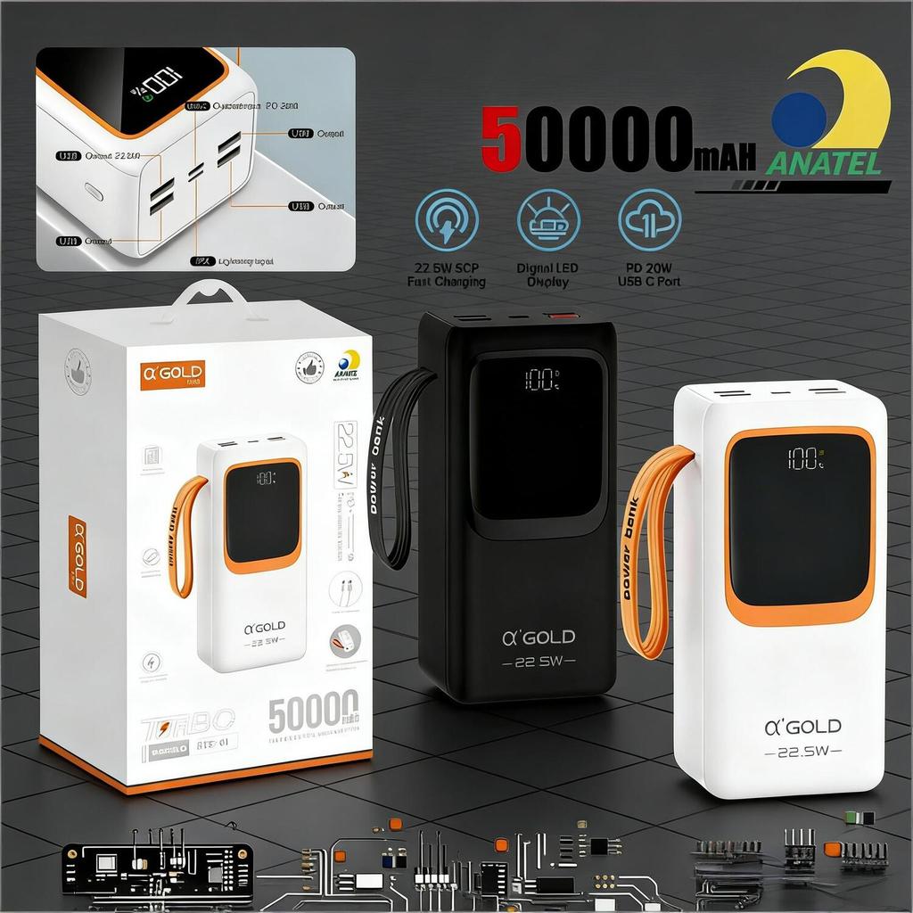 Carregador Portátil A'gold 50000mAh - 22.5W PD e Luz LED para Smartphones e Tablets BTE-61
