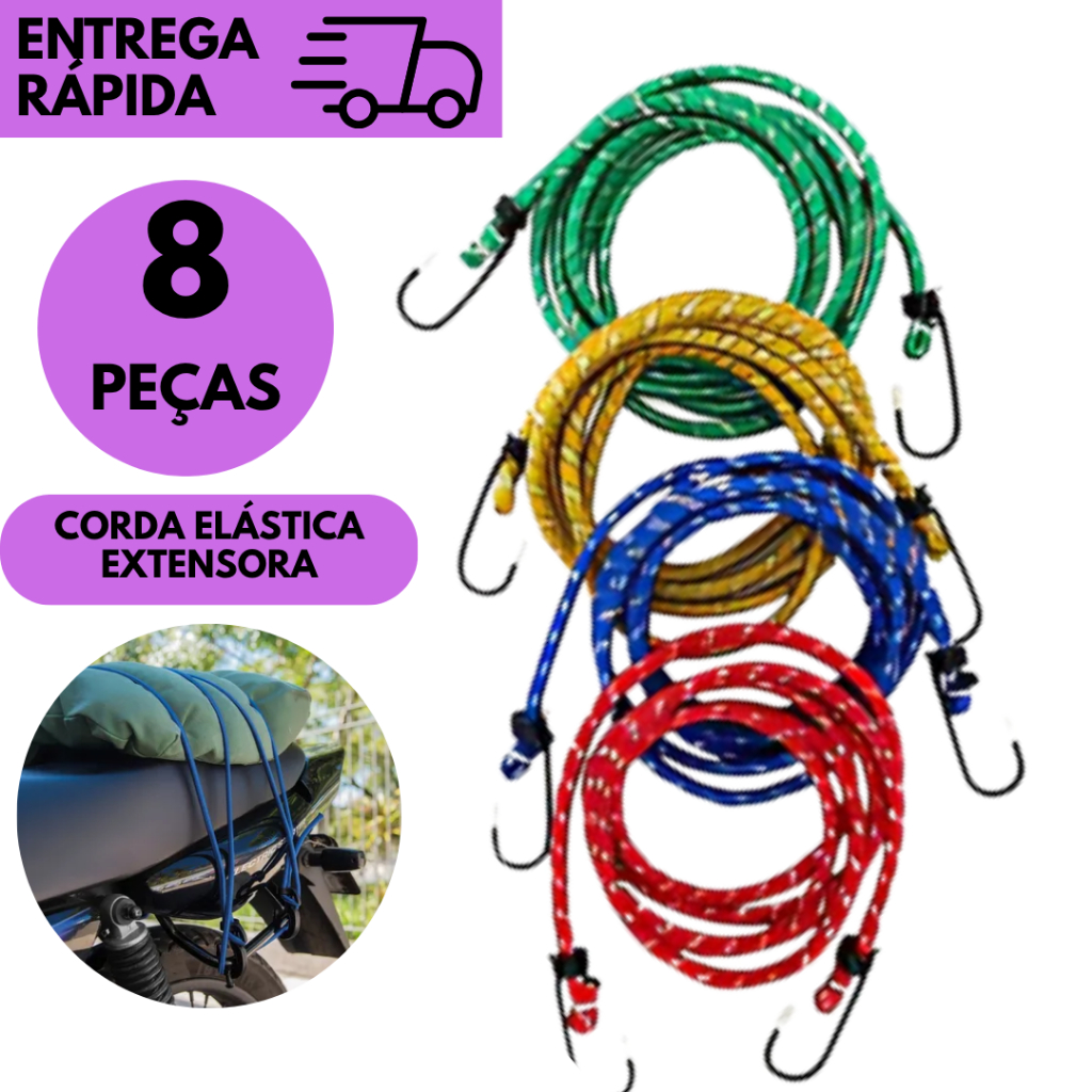Kit 8 Corda Elástica Extensora Para Amarrar Mala Bagagem Com Gancho Reforçado 1,5 Mts