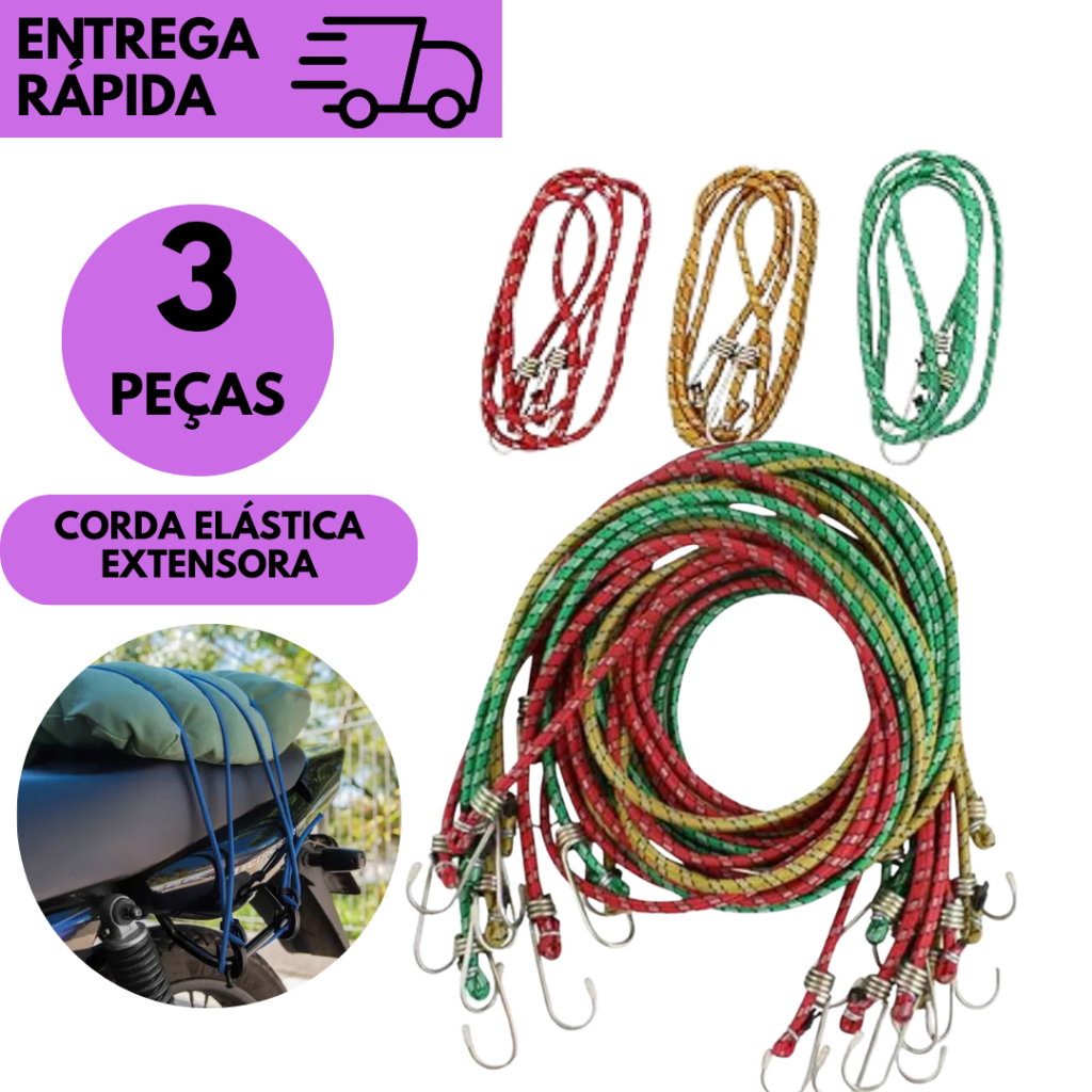 Kits 3 ou 2 Corda Extensora Com 2 Ganchos Elásticos Para Amarrar Carga Bagageiro Moto Carro 1,5 Mts