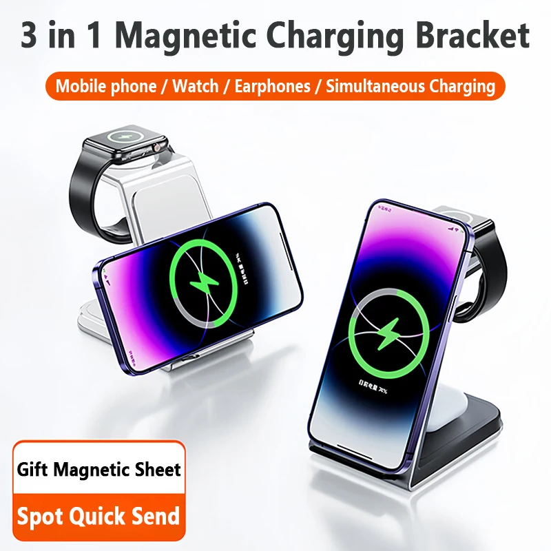OSSKY 3 in 1 Wireless Charger Stand Phone Watch Earphones Fast Charging Station for iPhone 17 16 15 14, Samsung, Watch, Earphone