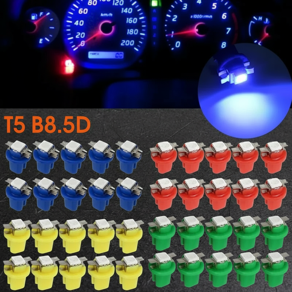 Kit de 10 lâmpadas LED indicadoras T5 B8.5D 5050 SMD para painel de velocímetro 12V