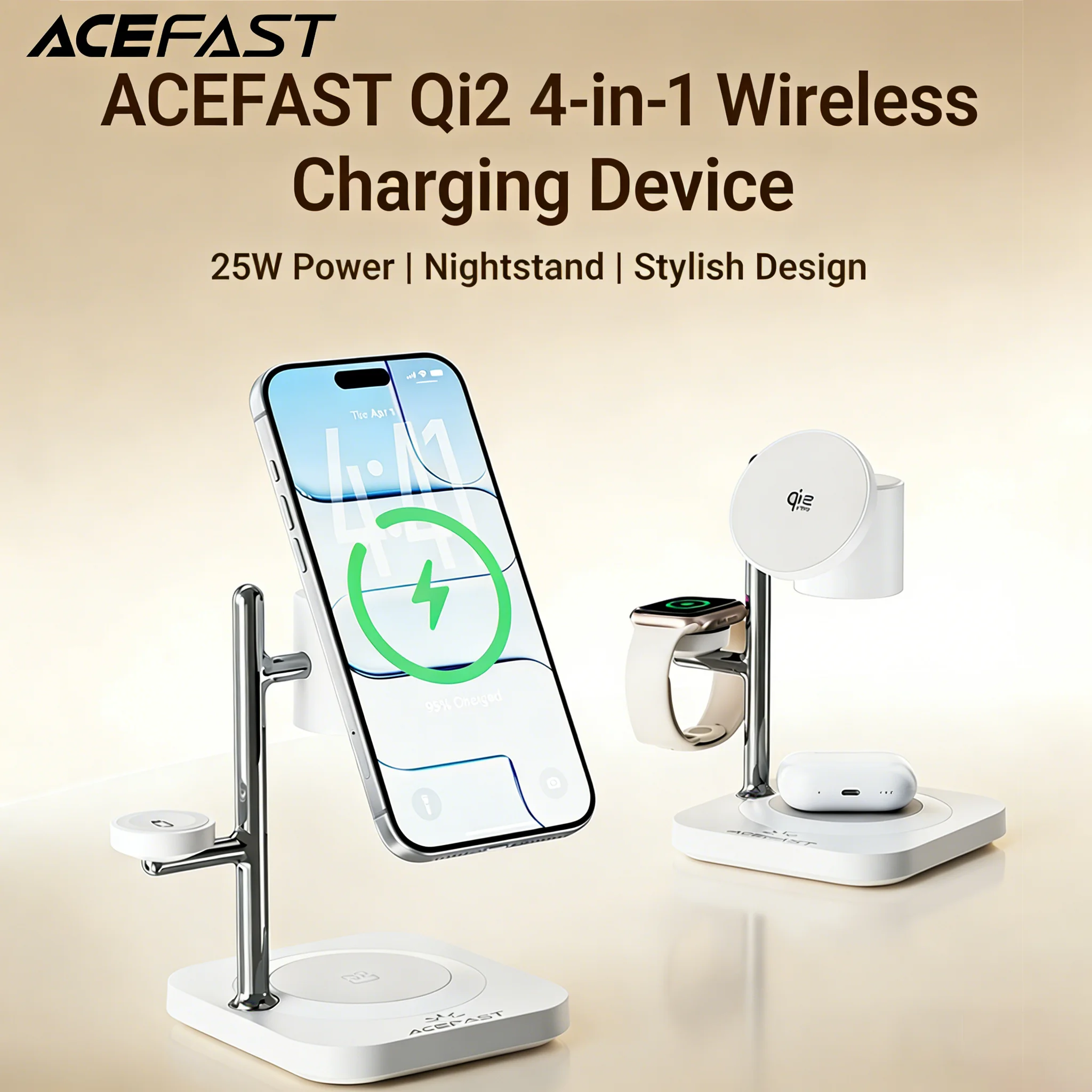 ACEFAST 4 in 1 Qi2 25W Fast Charging Magnetic Wireless Station For iPhone 17 16 Earphones Watch Charging Stand with Night Light
