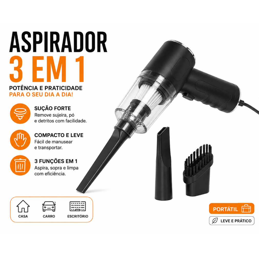 🔥 Aspirador de Pó 3 em 1 Portátil | Limpeza de Carro, Sofá, Teclado e Cantos