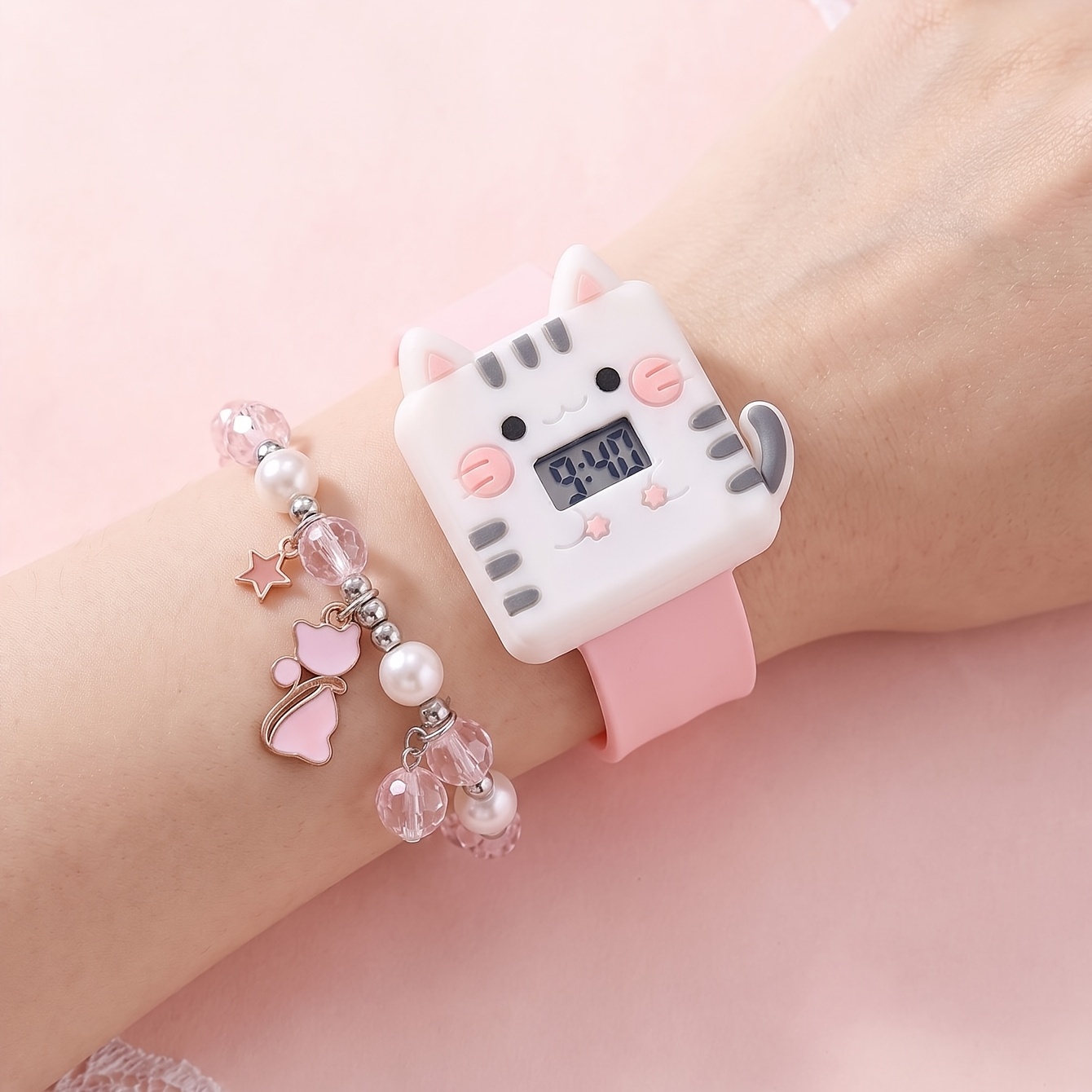 Conjunto de Relógio 2 Peças Cute Cat Kids, Design Moderno para Meninas, Melhor Presente para Crianças