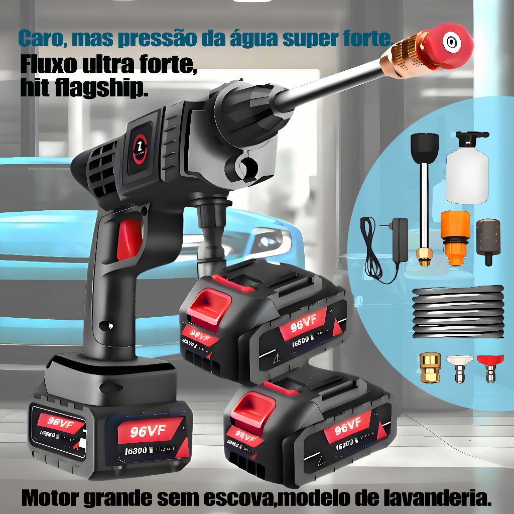 Máquina Limpeza Alta Pressão 990 PSI: Portátil (Bateria 3.0Ah), Nozzle 6 em 1. Para Carro, Pisos, Cercas, Paredes.