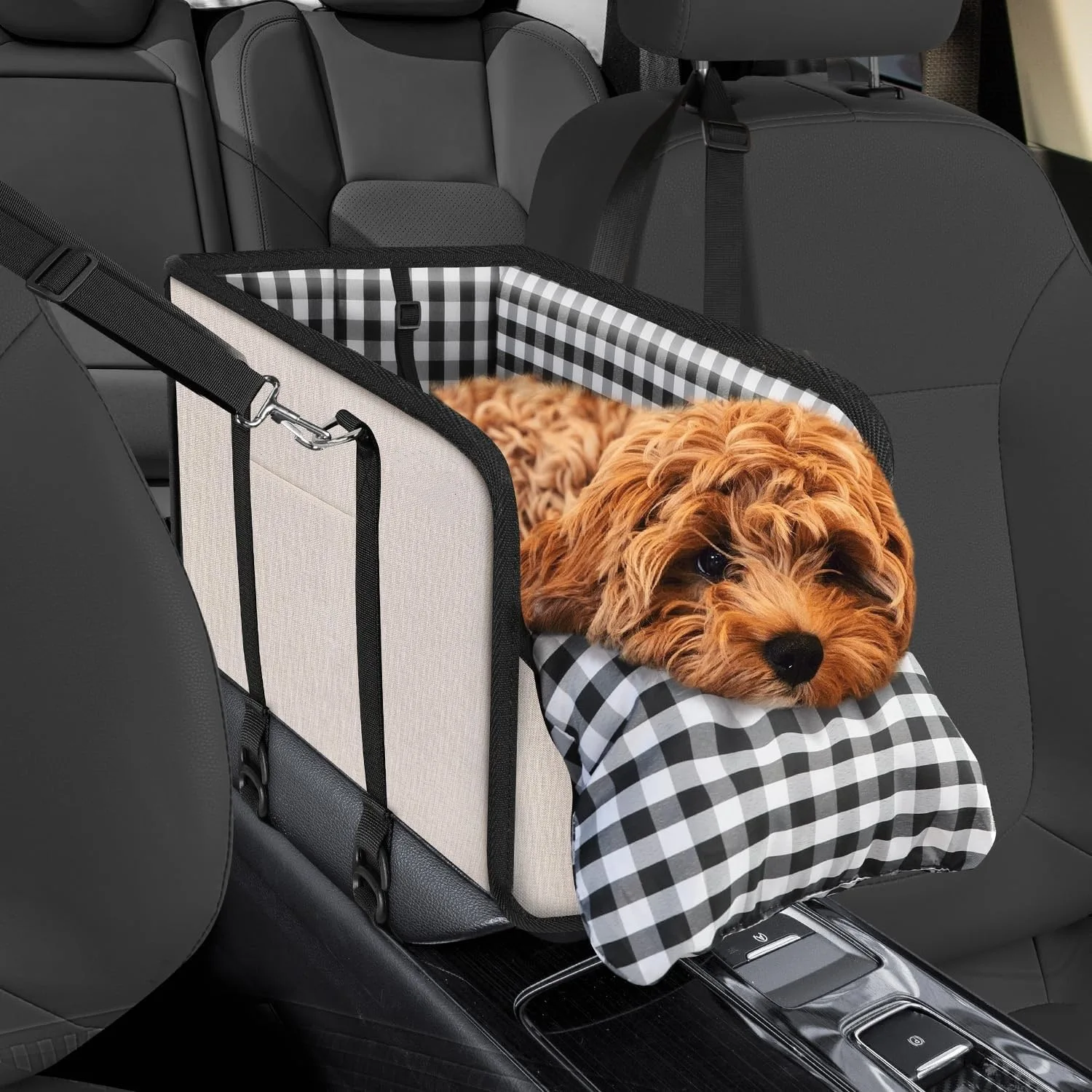 Car Mounted Pet Car Seat Portable Small Dog Grid Seat with Soft Cushion Seat Belt Dog Accessories