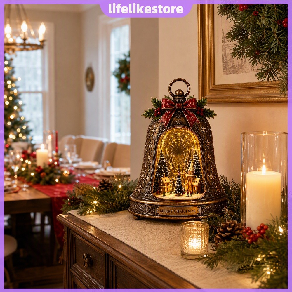 [Novo] LED Infinity Bell Christmas Village Cena 3D Ornamento De Resina Clássico Natal Magi Display