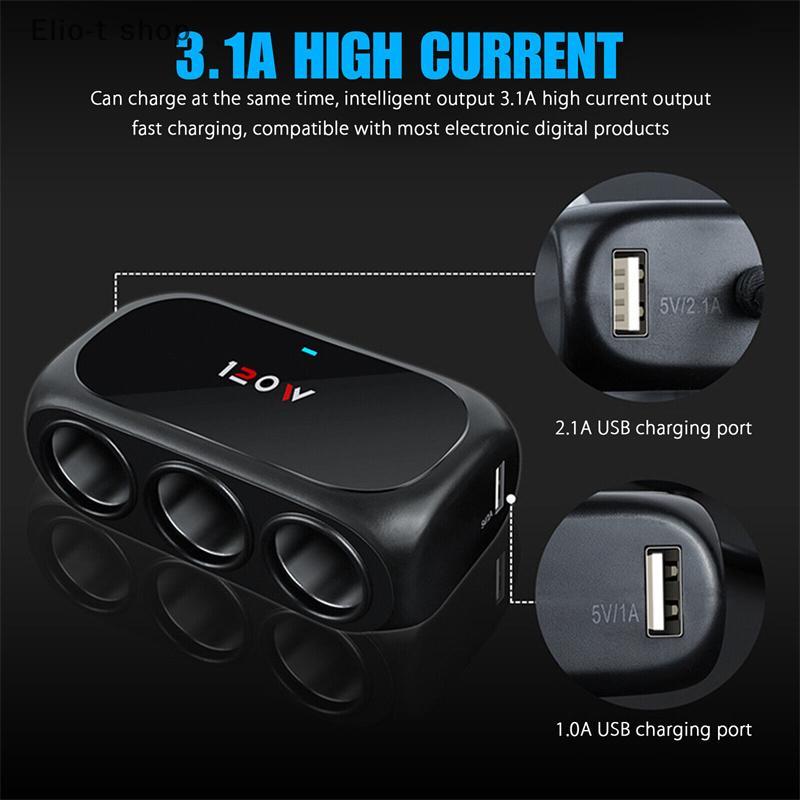 Elio-t 3 Soet Car Splitter Dual USB LED Carregador Rápido Para Carro 120W 12V 24V Adaptador De GPS Dashcam COD