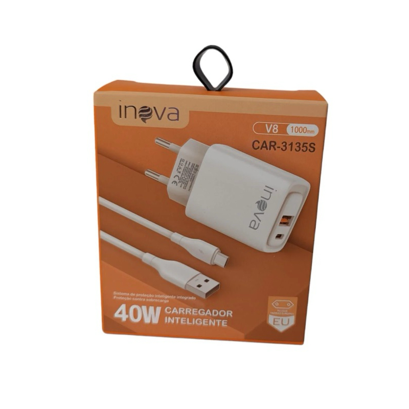 Carregador Rápido Inova 40W Tipo-C + USB Dual Fast Charge Cabo 1 Metro CAR-3133C