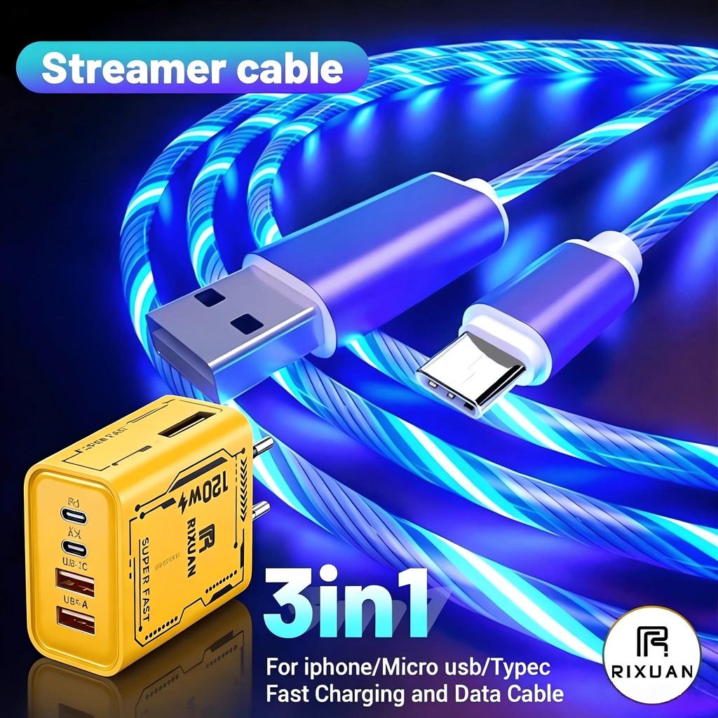 3 Em 1 Flowing LED Streamer Glow Cabo De Carregamento Rápido Neon Light Up Dados Decoração De Atmosfera De Carro Para iP