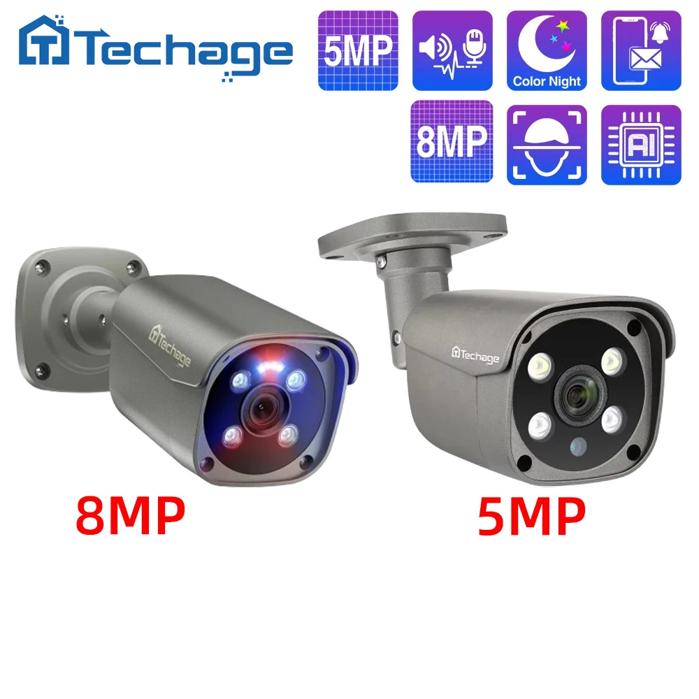 Techage 8MP 5MP 4MP POE Camera Surveillance H.265 HD Two-way Audio Smart AI IP Camera CCTV Video IR Outdoor Waterproof for NVR