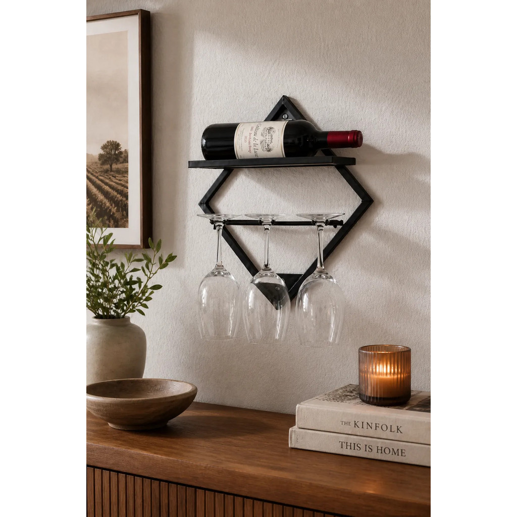 Suporte Para Vinho Com Porta Taças Estilo Industrial Parede