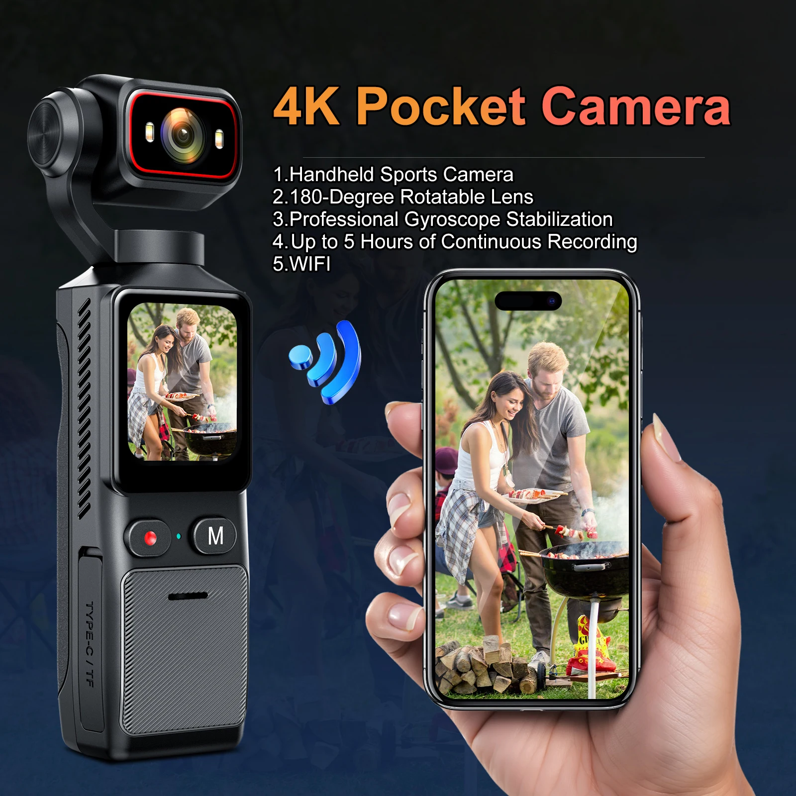 4K Action Camera WiFi 1.69 Inch IPS Touch Screen 180 Degree Rotatable Lens EIS Handheld Video Recorder Outdoor Sports Camera