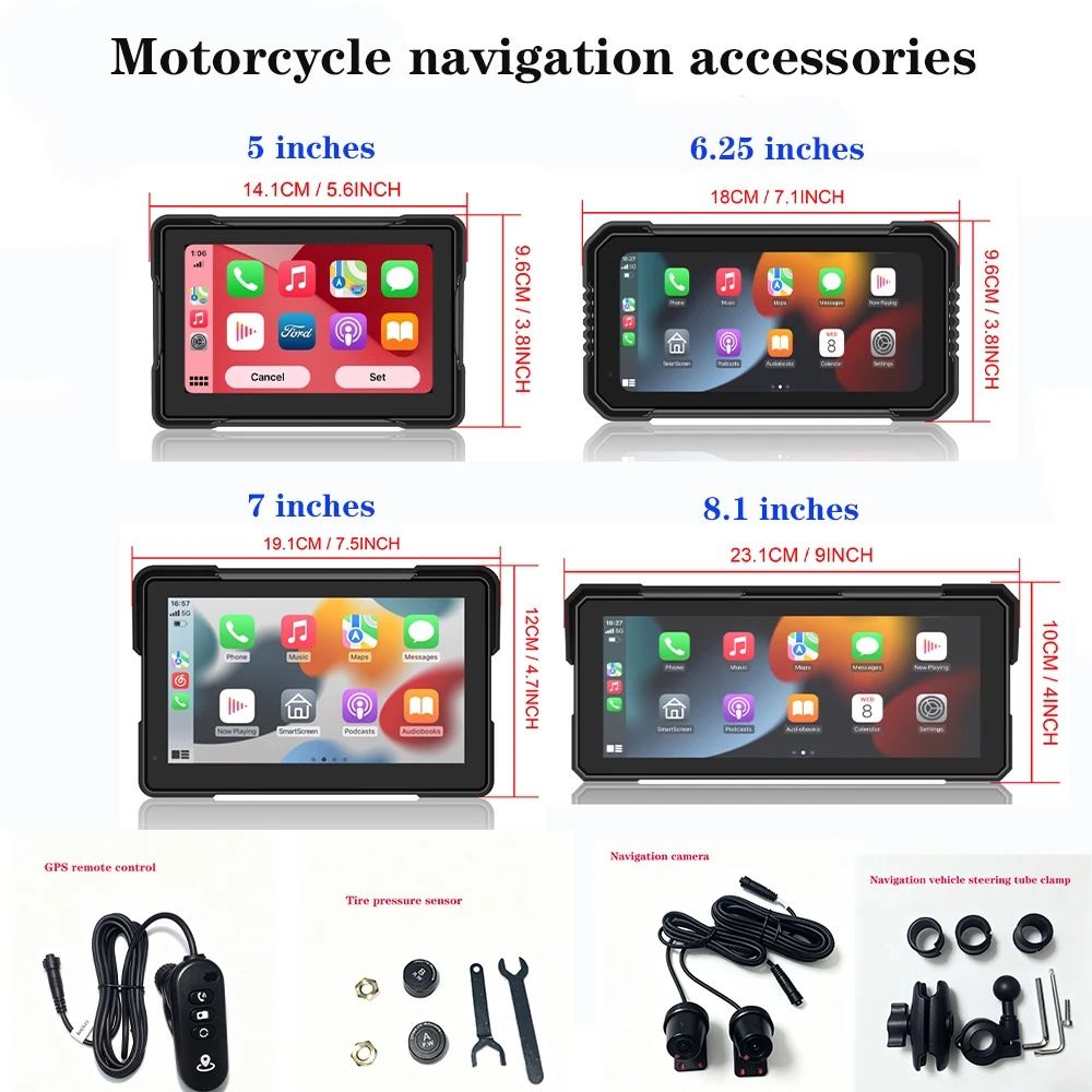 5/6.25/7/8.1 inch IP67 Waterproof Motorcycle Accessories TPMS DVR GPS Navigation Wireless Carplay Vehicle-mounted Camera