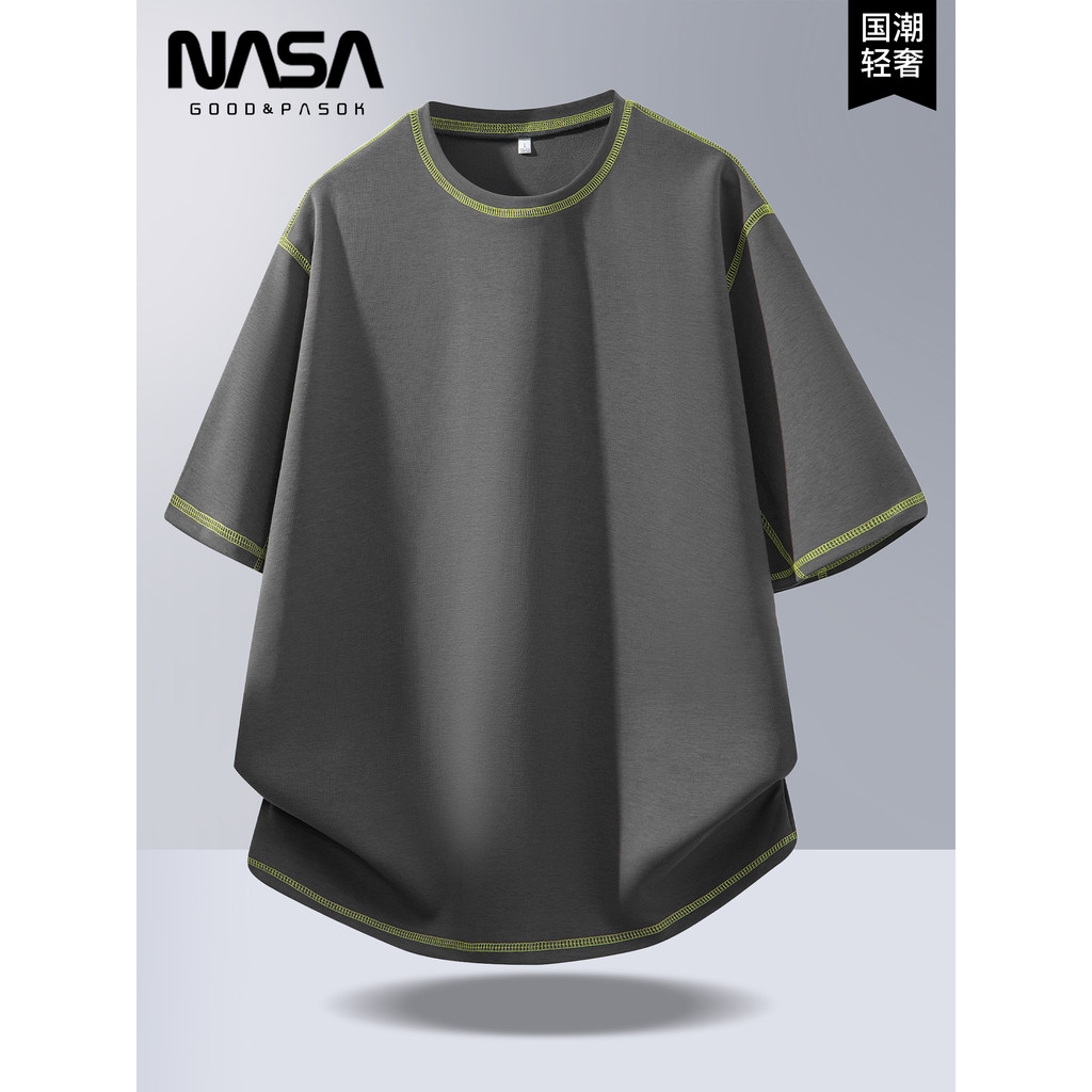 NASA Light Luxury Trendy Young Student Camiseta de manga curta com gola redonda 2026 Verão Cool Heavy Sports Pulôver