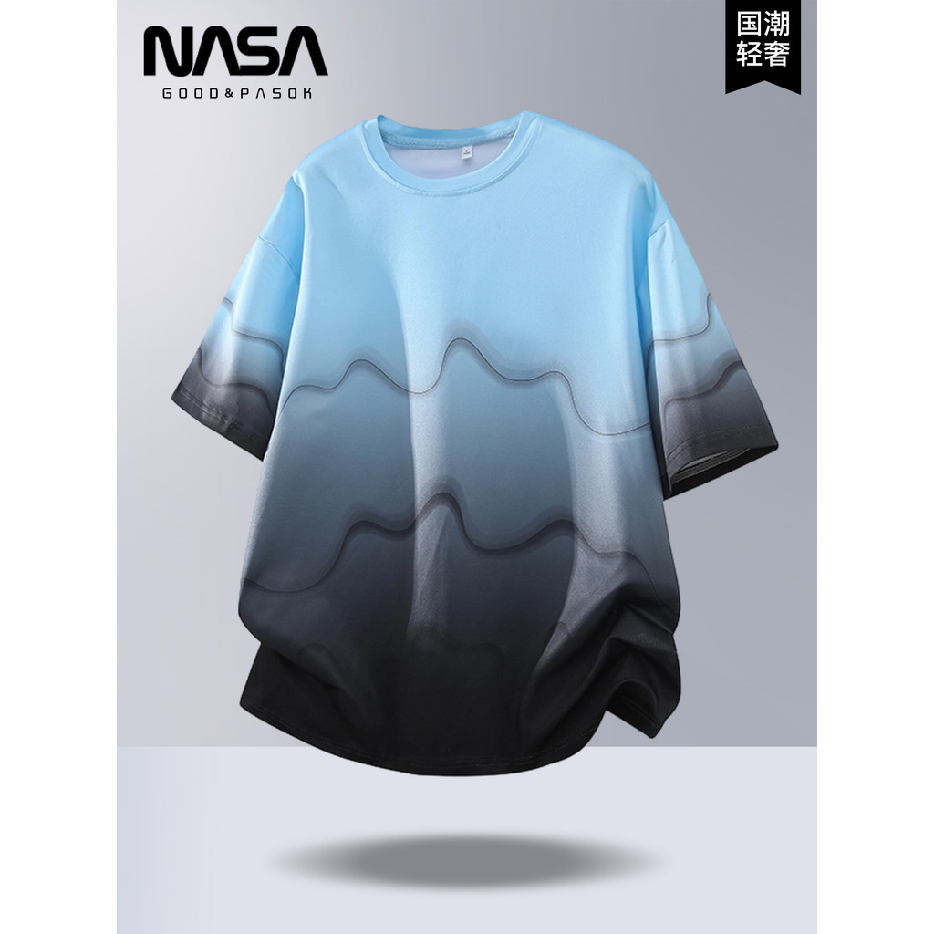 NASA Light Luxury Trendy Jovens Estudantes Gradiente Camiseta de Manga Curta 2026 Verão Gelo Sensação Em Torno Do Pescoç