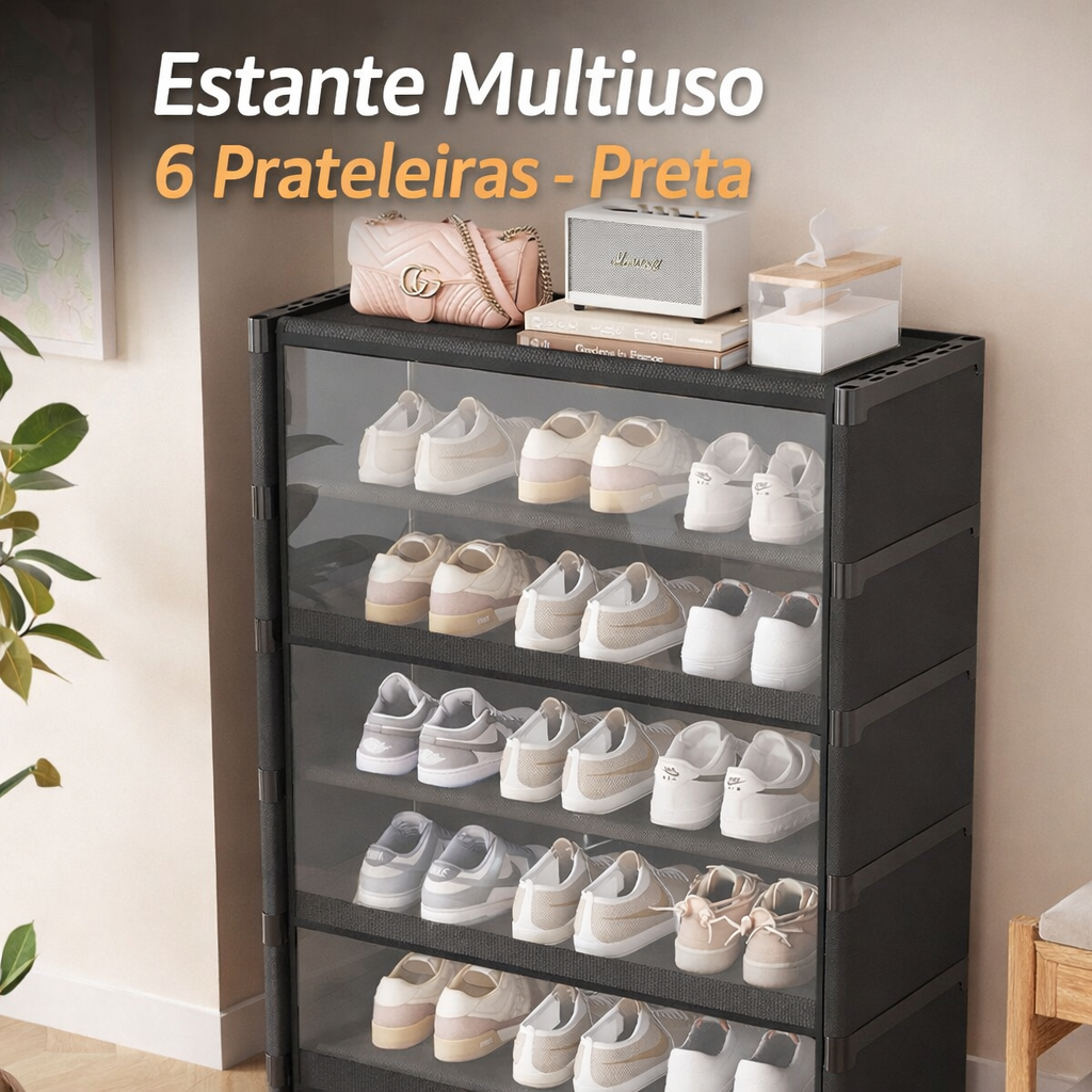 Estante Multiuso 6 Prateleiras - Preta Sapateira Livros Design Moderno Organizador Armário Portatil