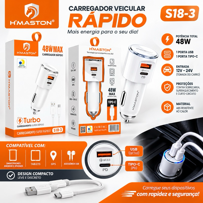 Carregador veicular 48W  1porta USB e 1 porta Tipo-C