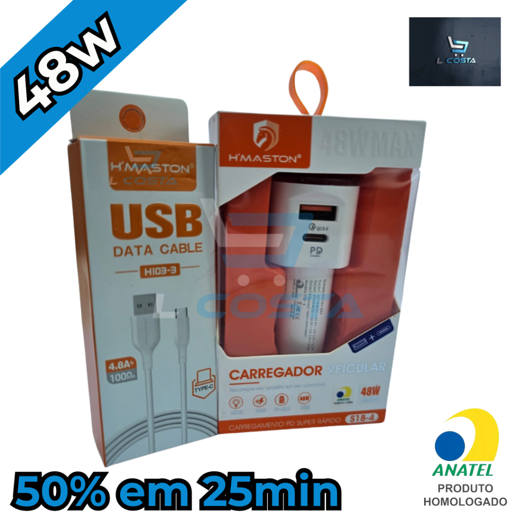 Carregador Veicular 48W  TIPO-C + USB Turbo H'Maston S18  Carregamento rápido /Universal