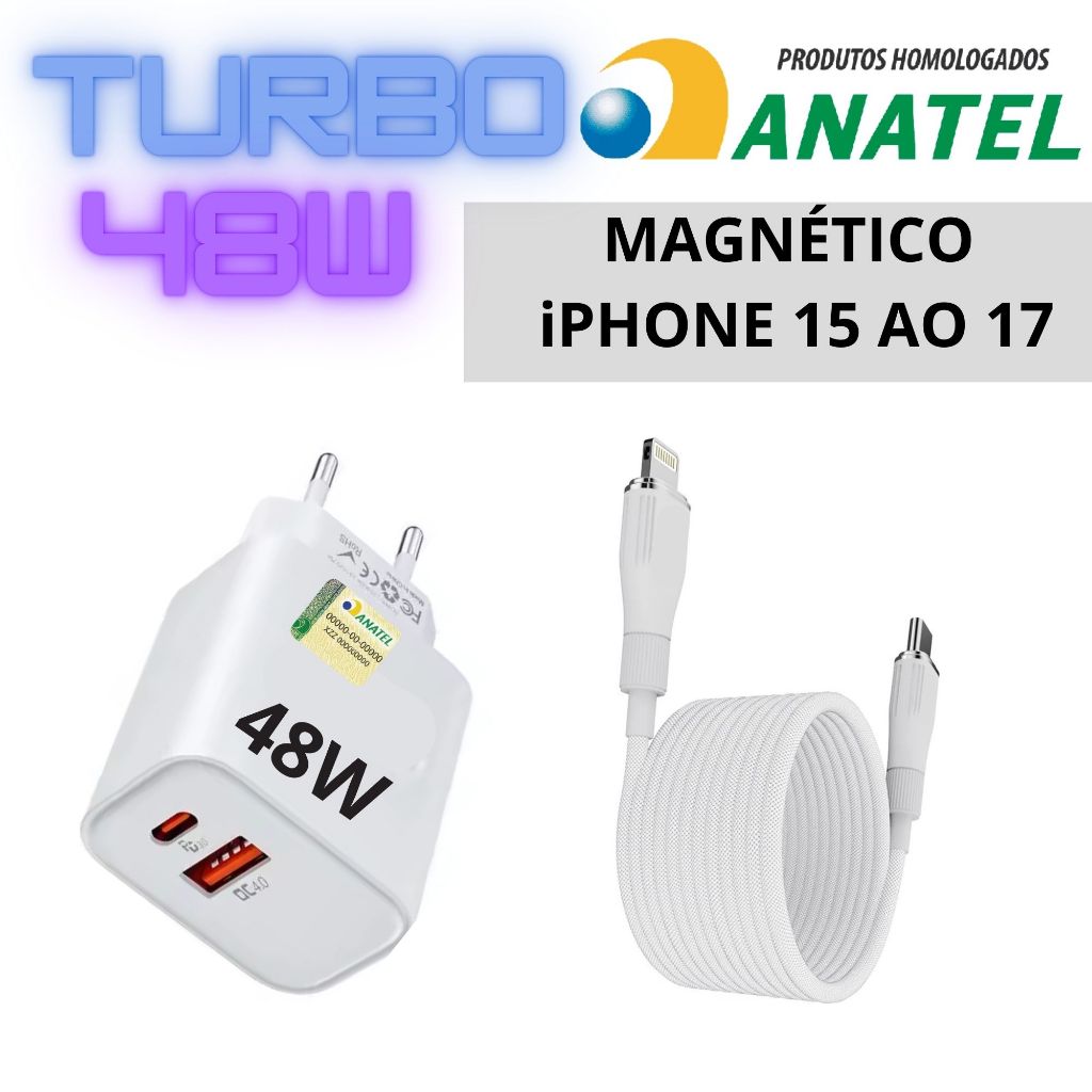 Carregador TURBO 48W + CABO MAGNÉTICO TRANÇADO Pd-Lightning TIPOC p/Iphone 50W 11 12 13 14 15 16 17