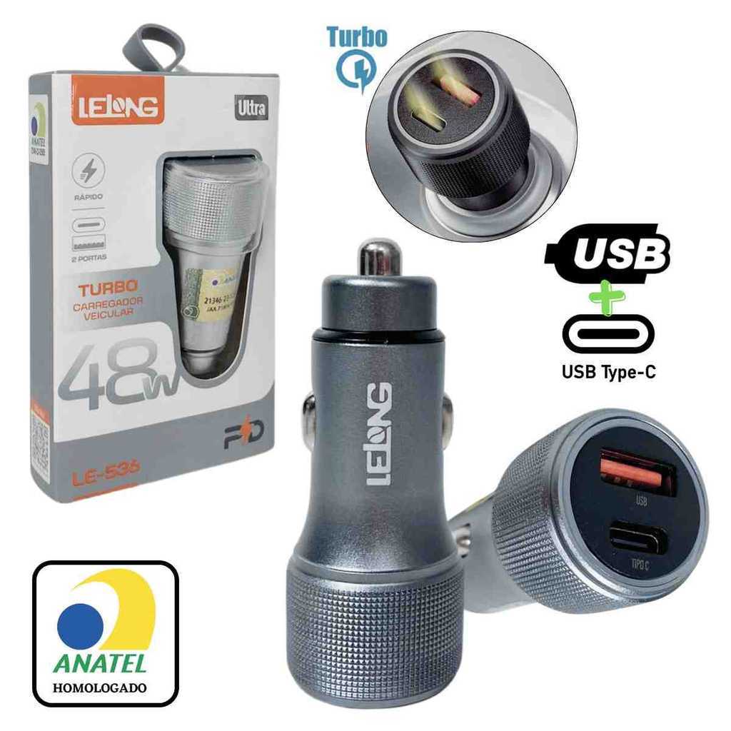 CARREGADOR VEICULAR LELONG TURBO PD+USB 48W LE-536