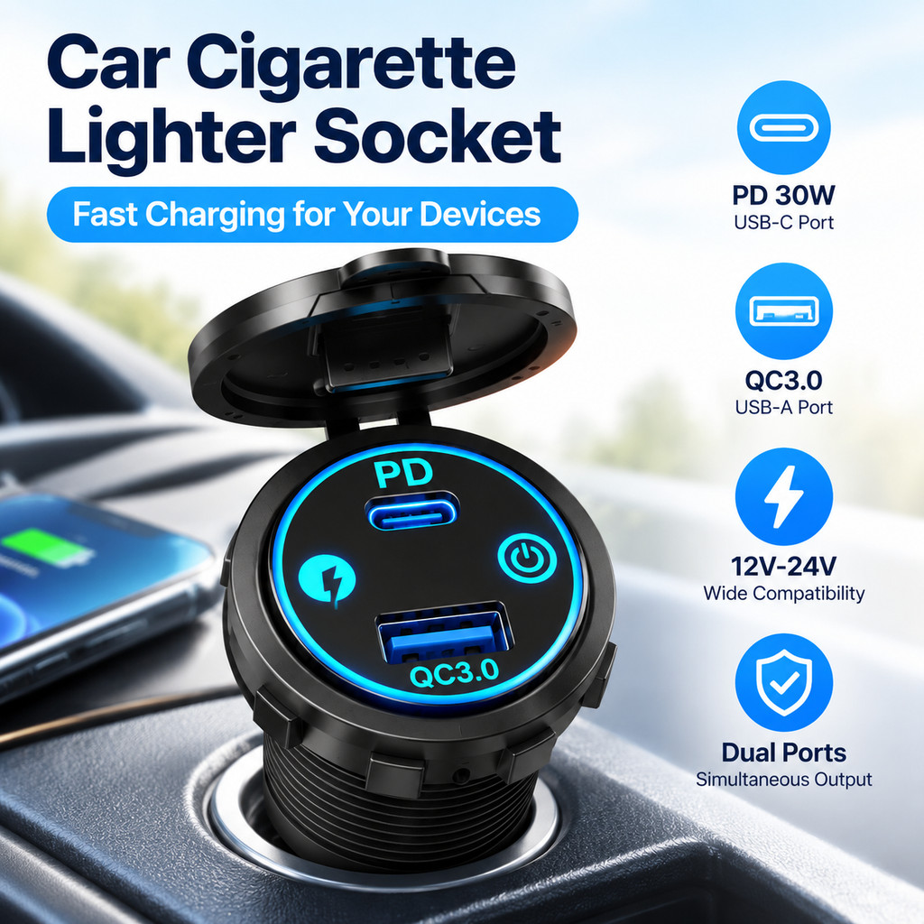 Carregador De Carro 48W PD QC3.0 Carregamento Rápido Duplo Com Tensão LED Adaptador USB À Prova D'água Para 12V/24V RV M