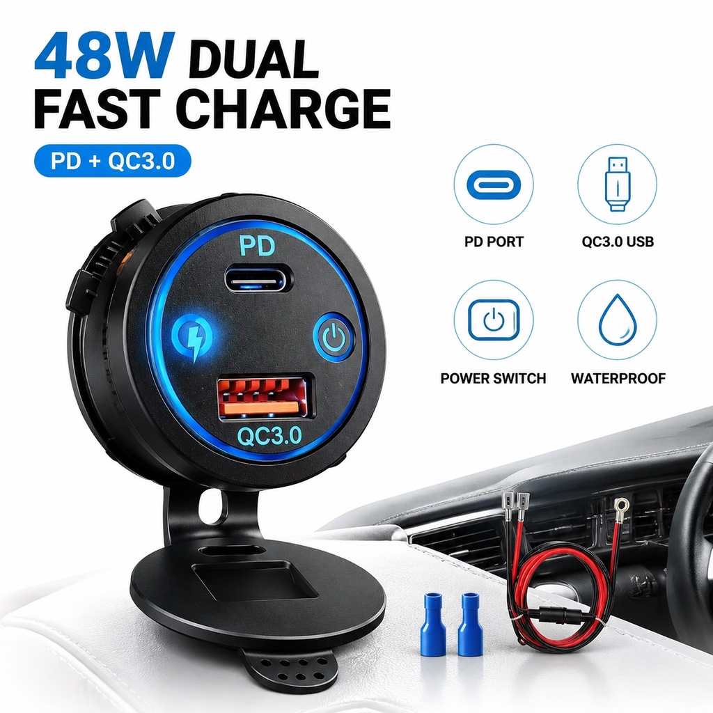 Tomada De Carregador De Carro 48W PD QC3.0 Carregamento Rápido Duplo Com Anel LED Azul À Prova D'água 12V 24V Interrupto