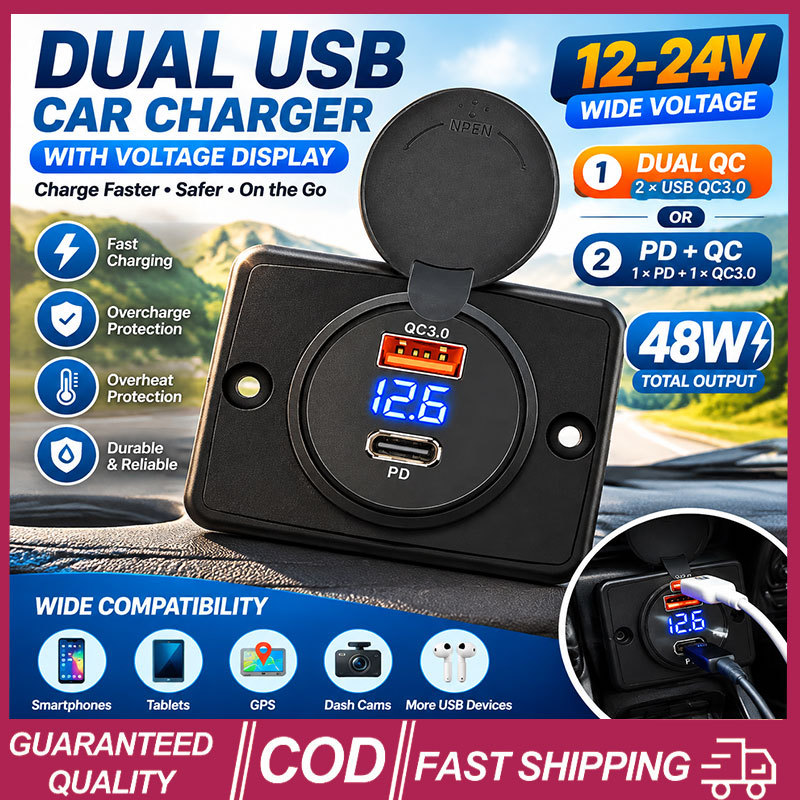 [Novo Atualizado] Carregador Rápido Para Carro 48W 12V/24V Com Display Digital Qc3.0 Adaptador De Alimentação Usb Pd Tam