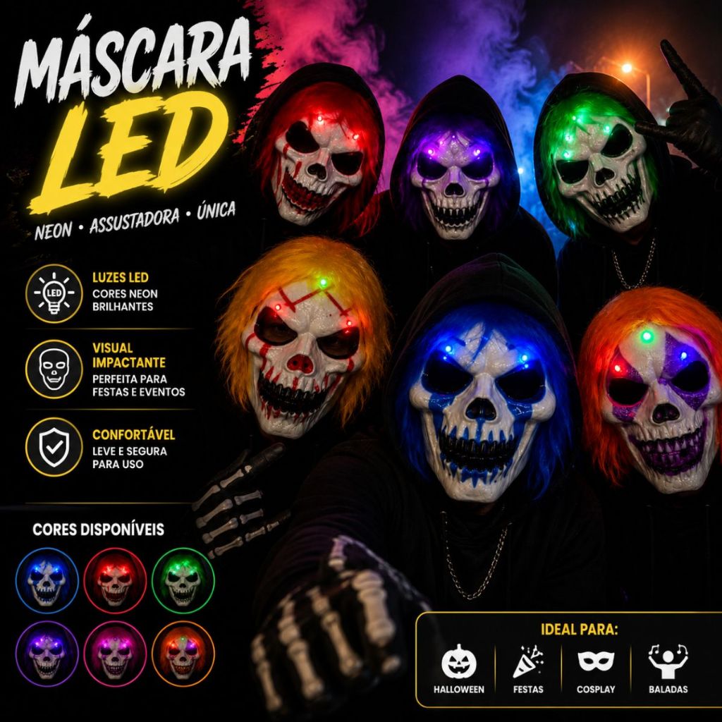 Máscara Halloween Brilhante Cosplay Neon Light Fluorescent Led Cold Assustadora Mascara Cabelo