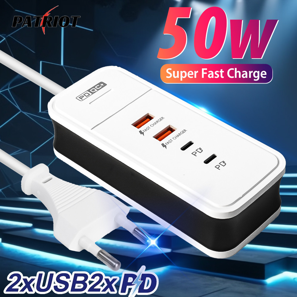 Tomada De Carregador PD50W-Plug-in De Carregamento Inteligente E Rápido Para Celular-Dual USB + TypeC 4 Em 1 Charging Do