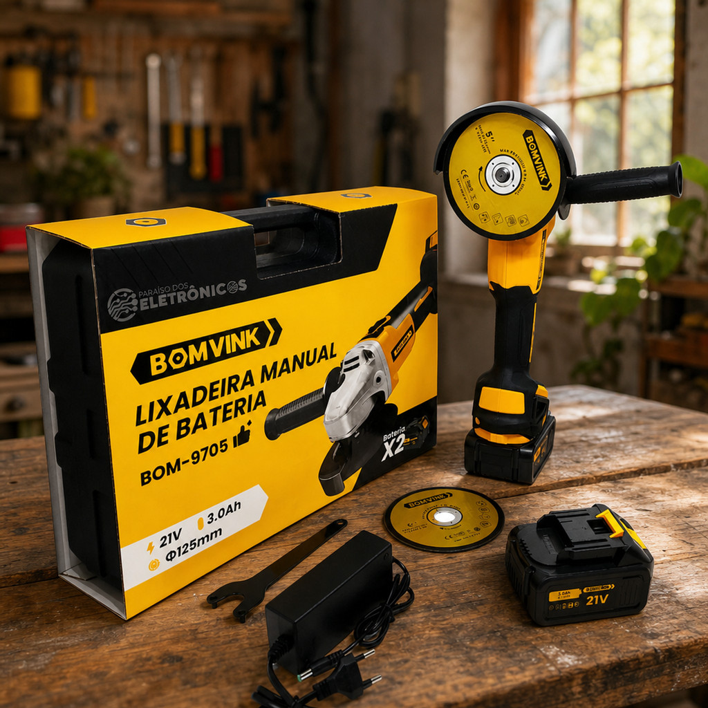 Esmerilhadeira Angular 21V com Motor Brushless Bateria de 3.0Ah Kit Completo com Maleta Duas Baterias e Acessórios para