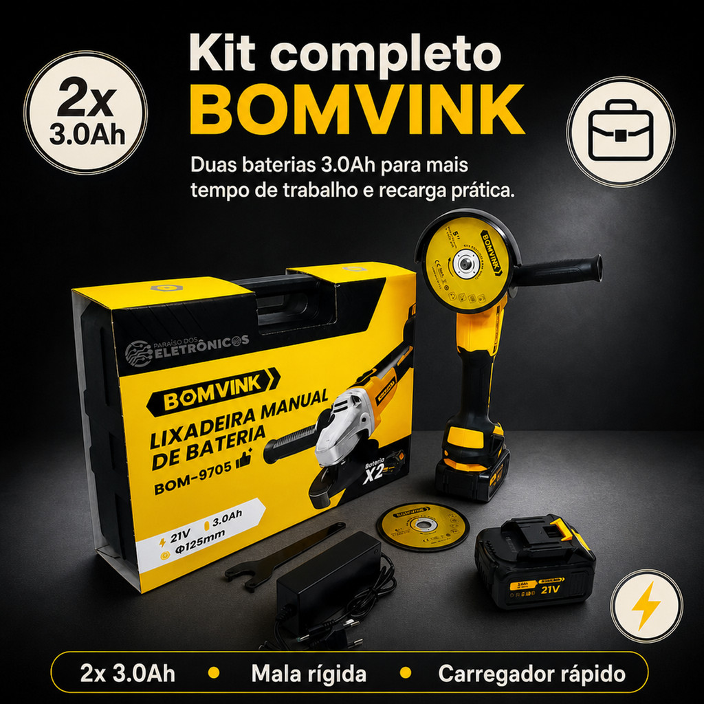 Esmerilhadeira Angular a Bateria 21V BOMVINK com Motor Brushless Duradouro e Kit Completo com Duas Baterias de Alta