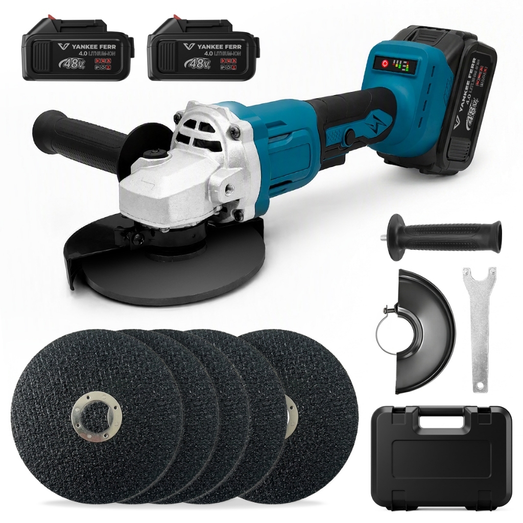 Esmerilhadeira Angular 48V 9000RPM Brushless Sem Fio 115mm 2 Baterias + 5 Discos Profissional