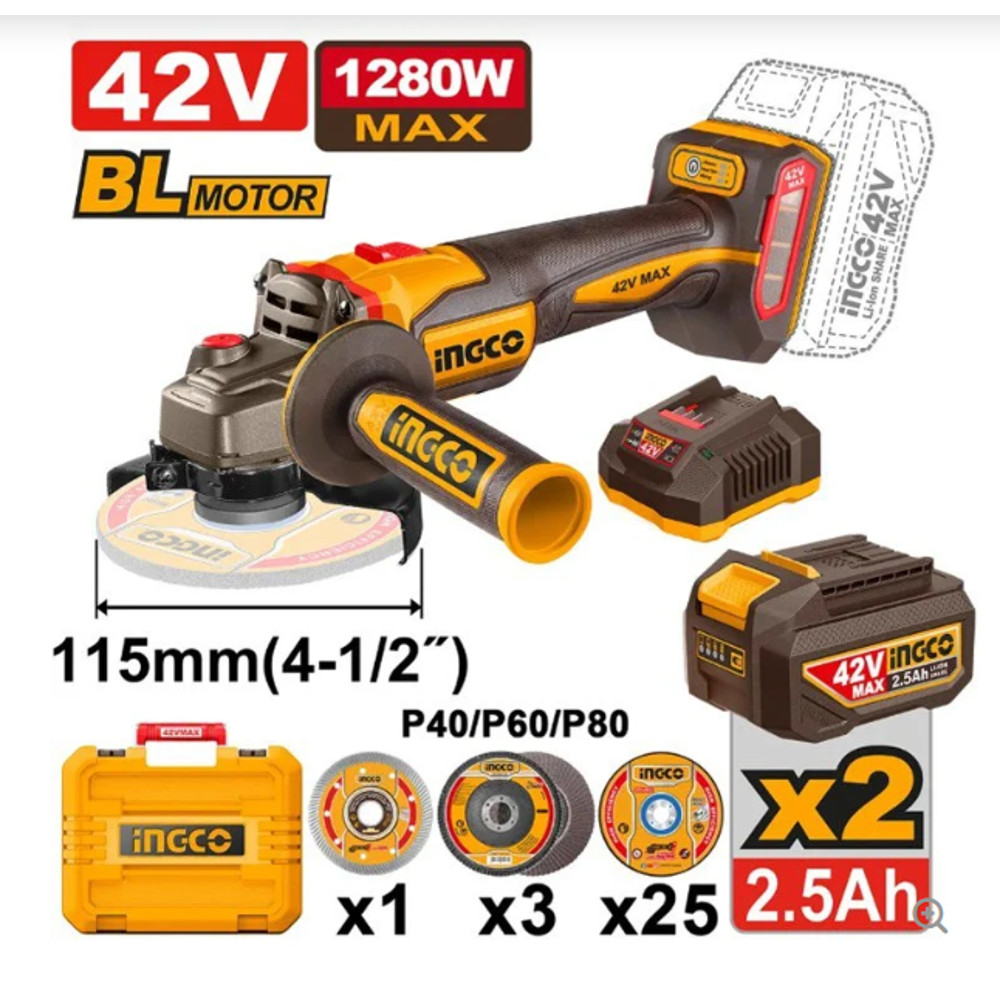 Esmerilhadeira 42V Brushless 1280W 4.1/2' com 02 Baterias 2,5A
