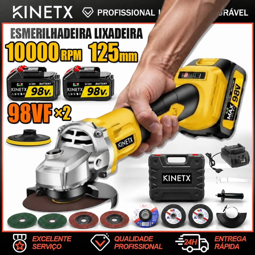 Esmerilhadeira Lixadeira Angular Profissional Elétrica Sem Fio 2 Baterias 1000W 125mm Motor Brushless Maleta | KINETX