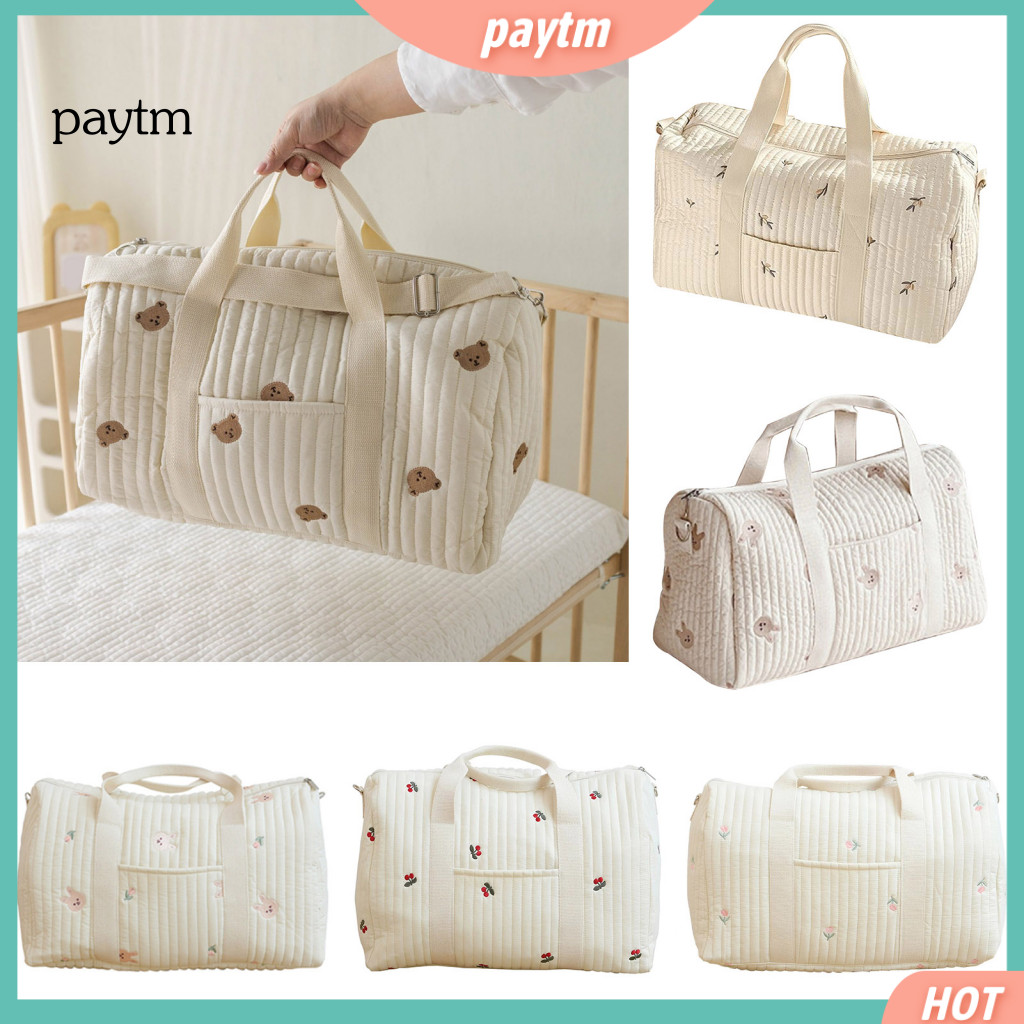 Quilted Embroidered Shoulder Bag Crossbody Baby Diaper Travel Tote with Adjustable Detachable Strap for Walking Shopping