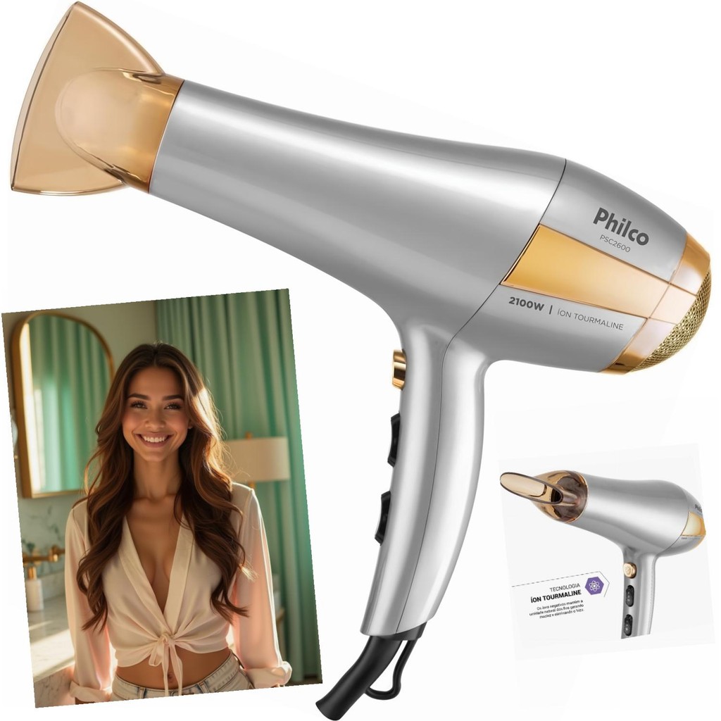 Secador Cabelos Philco PSC2600 2100W Íons Tourmaline 2 Velocidades 3 Temperaturas Jato Frio Prata Dourado