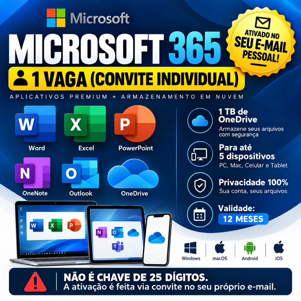 Microsoft Office 365 - Convite Anual 12 Meses Entrega Física - Convite Family