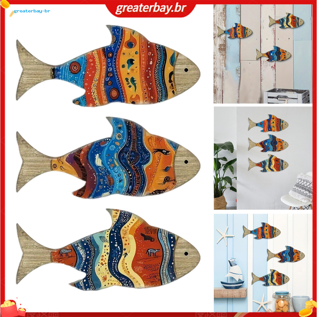 3pcs Nautical Wooden Fish Wall Decor Set Rustic Colorful Sculpture Farmhouse Style Home Room Bathroom Decorative Sign Co