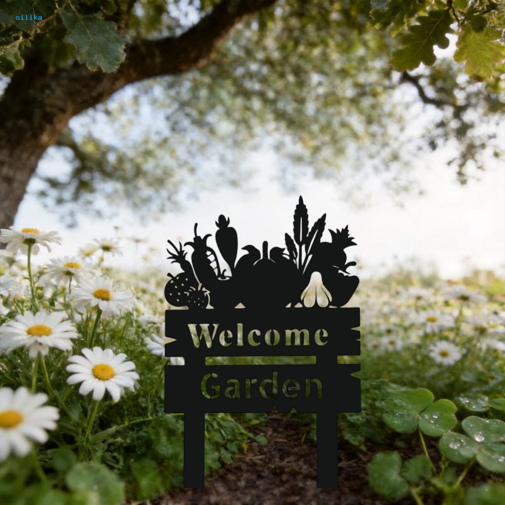 Garden Welcome Sign Soil Insert Silhouette Decorative Yard Black Wildflowers Vegetables Stake Outdoor Acrylic Rustic Law